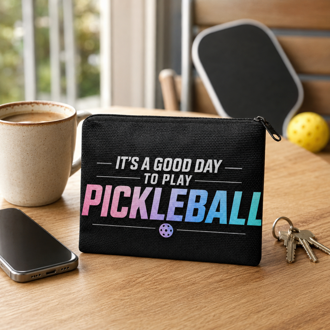 Pickleball coin purse on a cafe table after a game