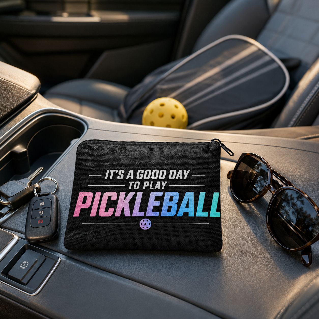 Pickleball coin purse on a car console with keys and sunglasses