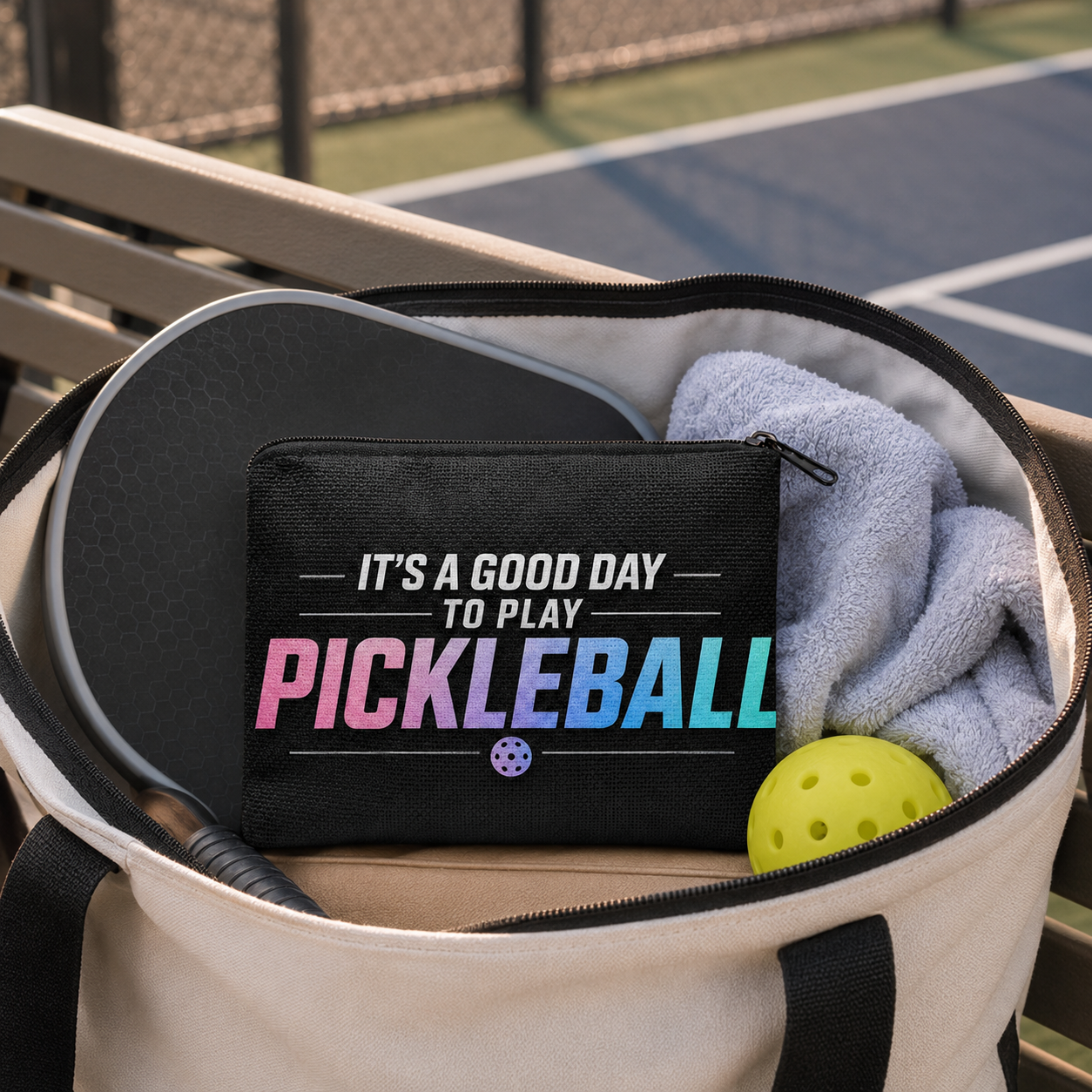 Pickleball coin purse inside a court bag with paddle towel and ball