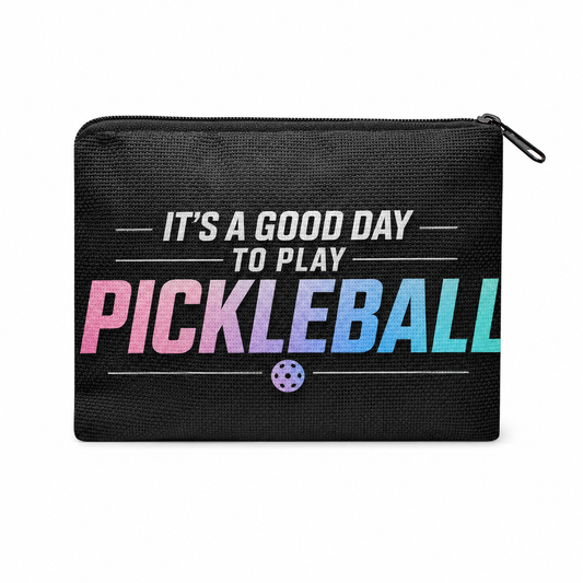 It's a Good Day to Play Pickleball black zipper coin purse on white
