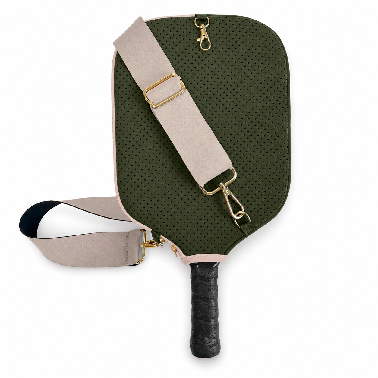 Olive green perforated pickleball paddle cover with beige crossbody strap and gold hardware on a white background