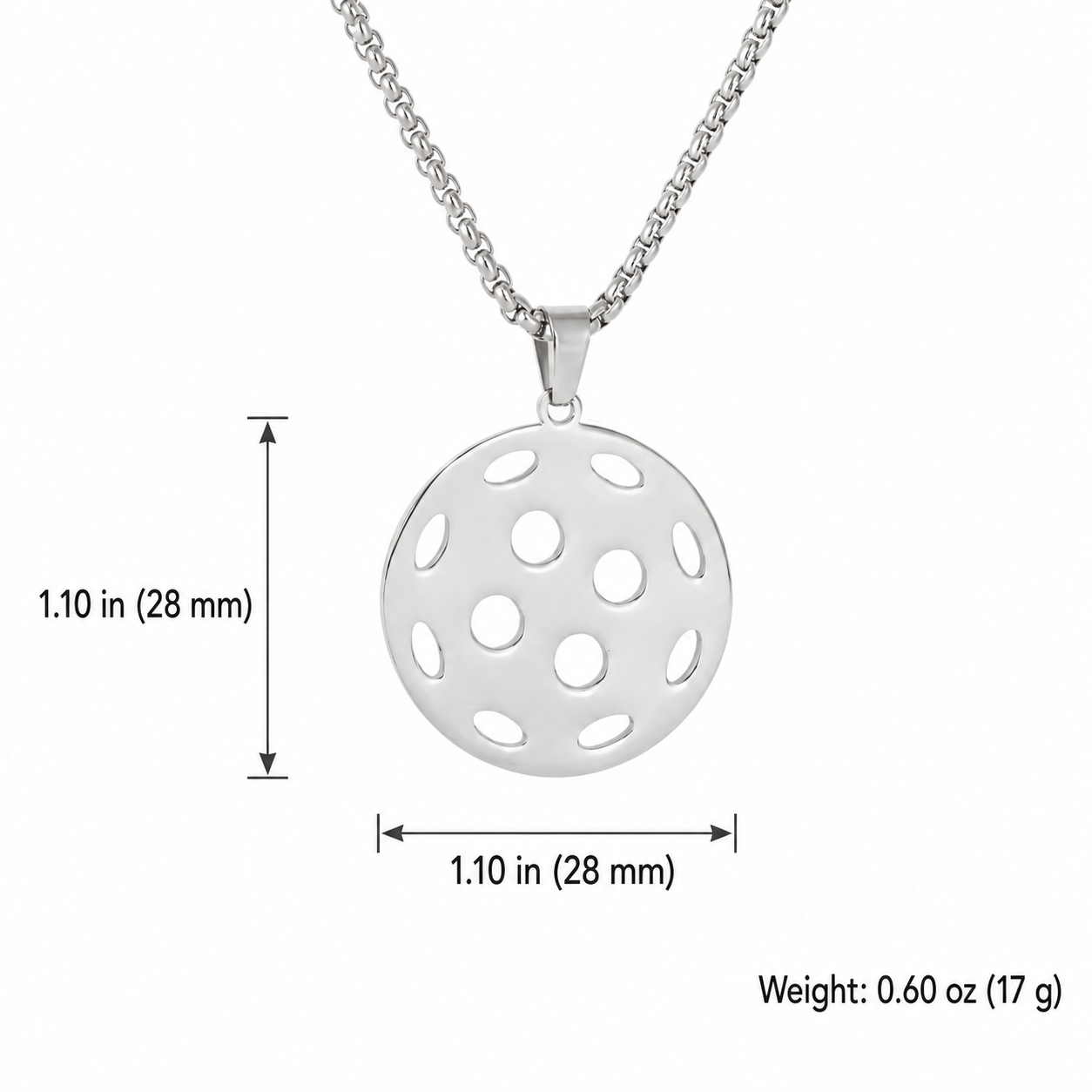 Silver hollow pickleball pendant necklace measurement guide showing 1.10 inches or 28 millimeters and weight of 0.60 ounces or 17 grams.
