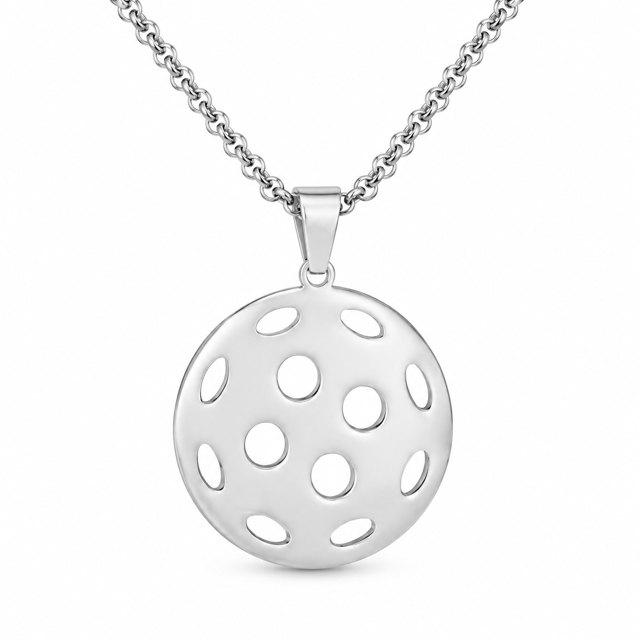 Close-up of the silver hollow pickleball pendant necklace on a white background.