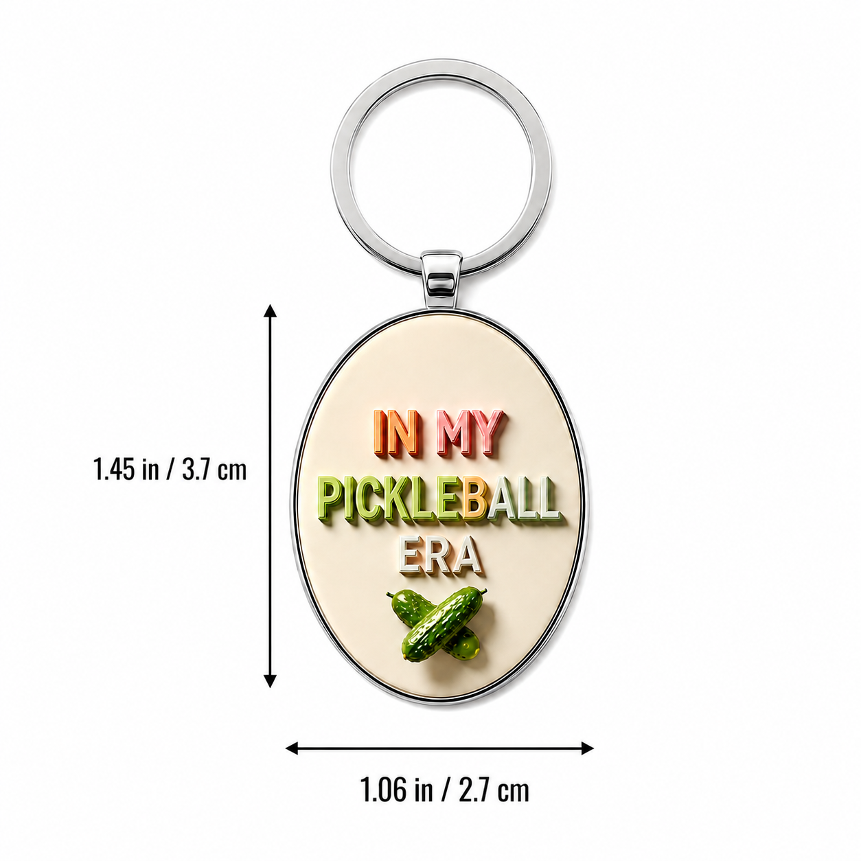 In My Pickleball Era keychain dimensions: 1.45 by 1.06 inches