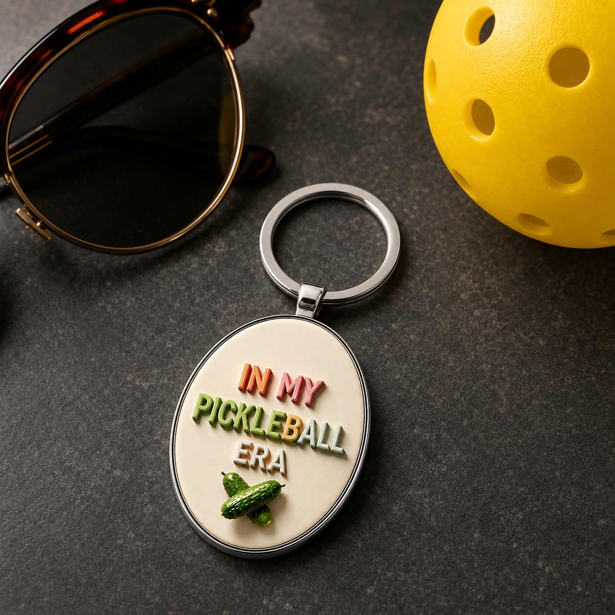 In My Pickleball Era keychain with sunglasses and pickleball