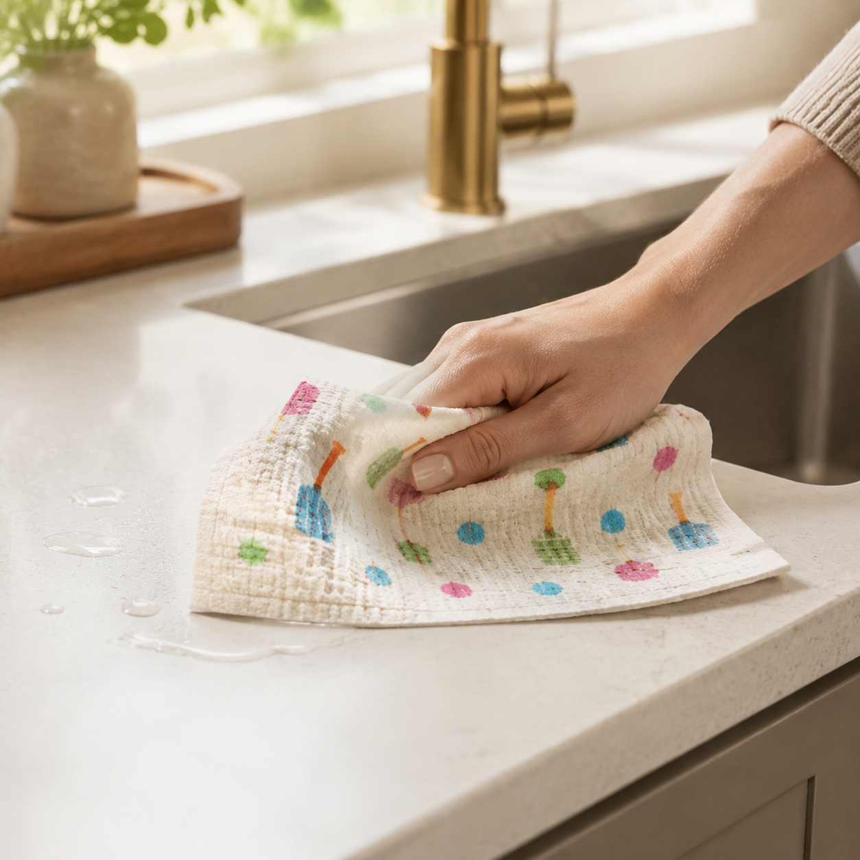 In the Kitchen Swedish dishcloth wiping water from a countertop