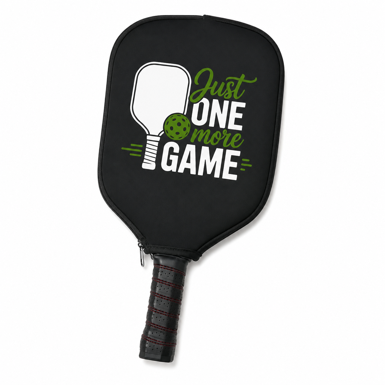 Just One More Game black pickleball paddle cover on white