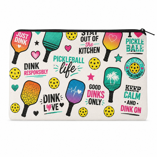 Large colorful pickleball makeup and pencil pouch on white