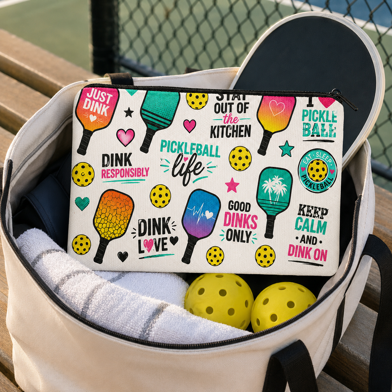 Large colorful pickleball pouch inside a courtside tote