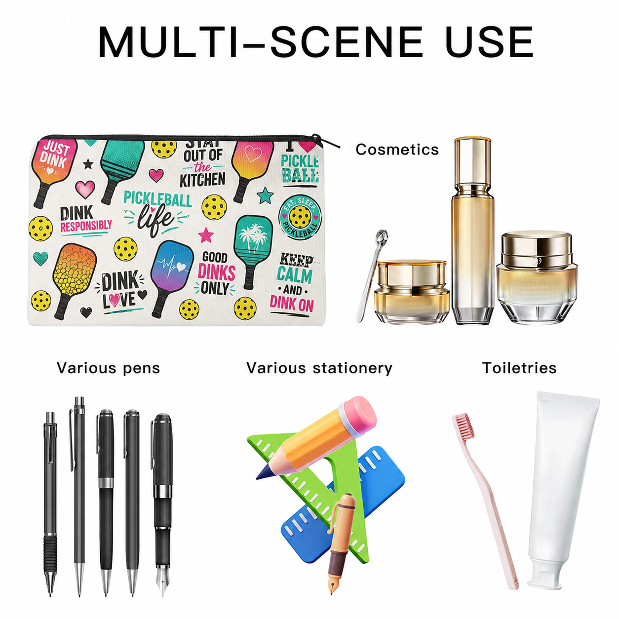 Multi-use examples for large pickleball makeup and pencil pouch