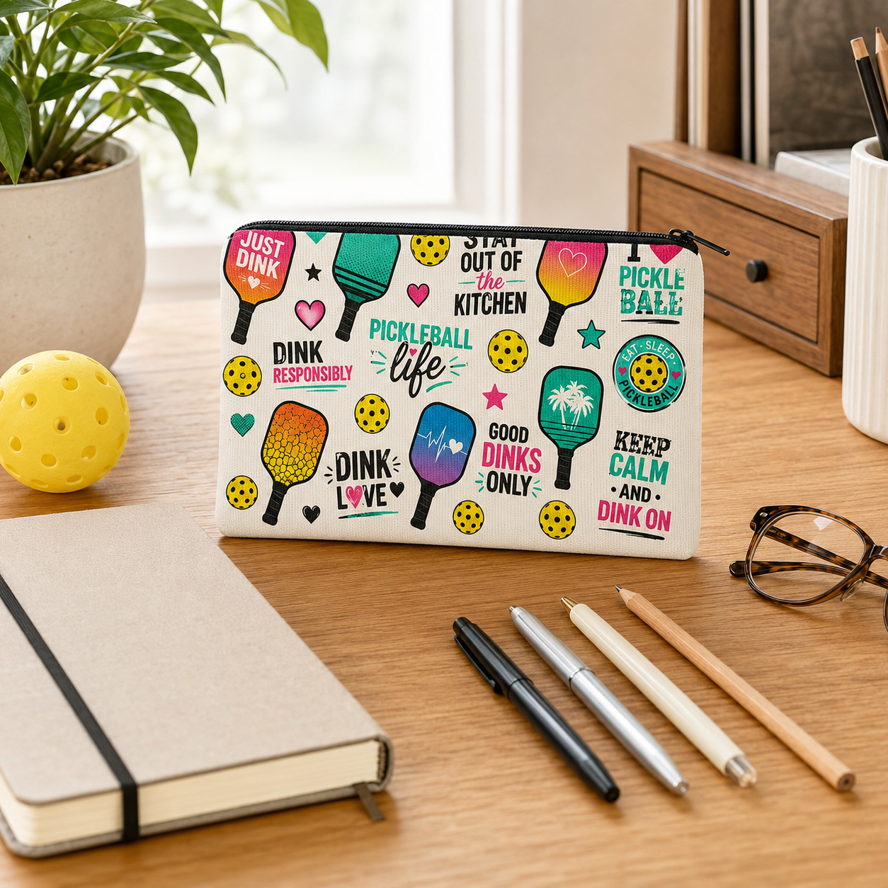 Large colorful pickleball pouch used as a stationery organizer