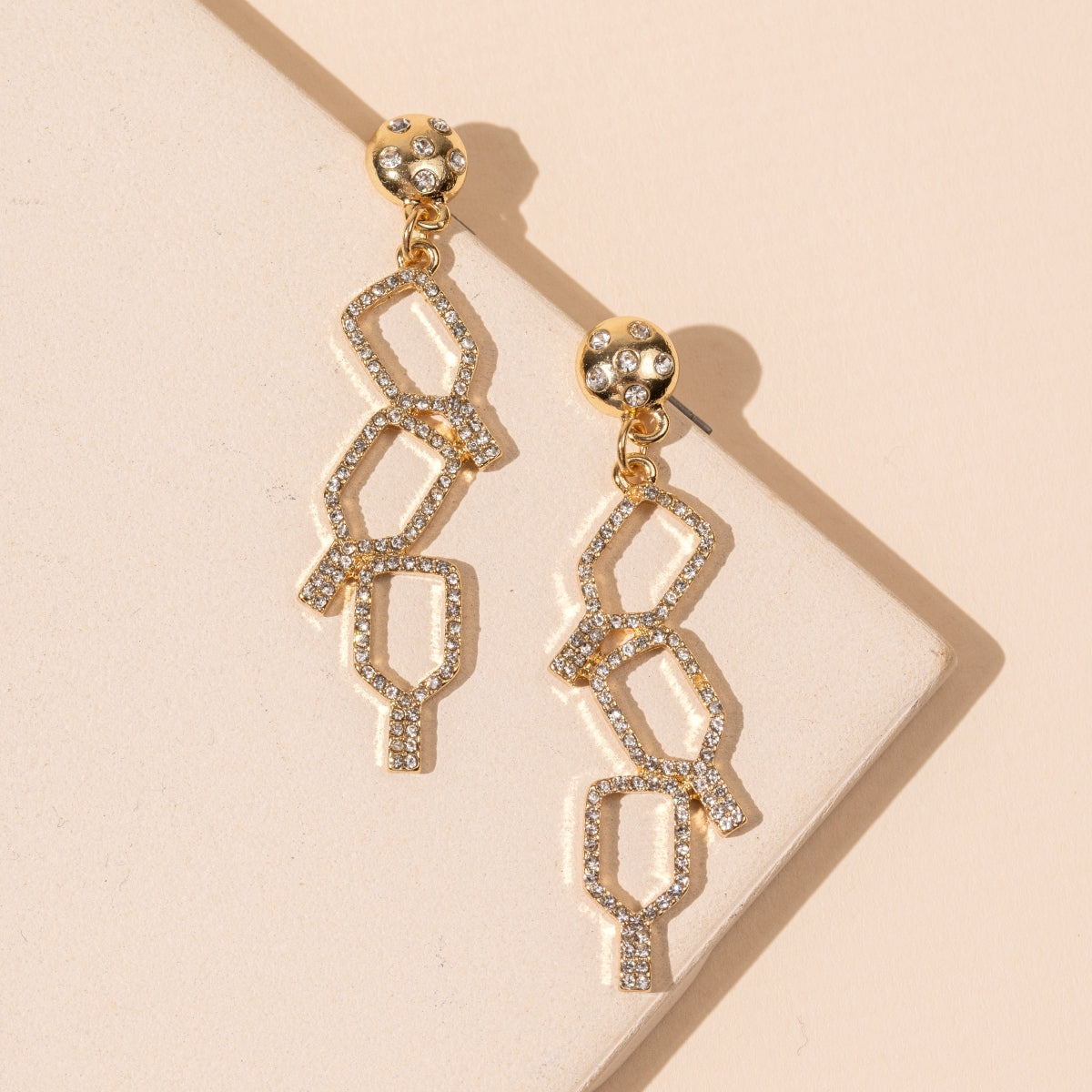 18K gold-dipped linked pickleball earrings with rhinestones
