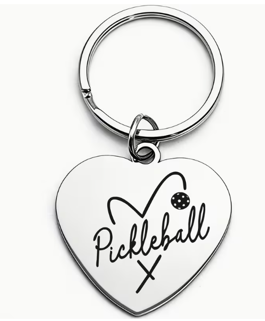 LOVE Pickleball engraved heart-shaped stainless-steel keychain