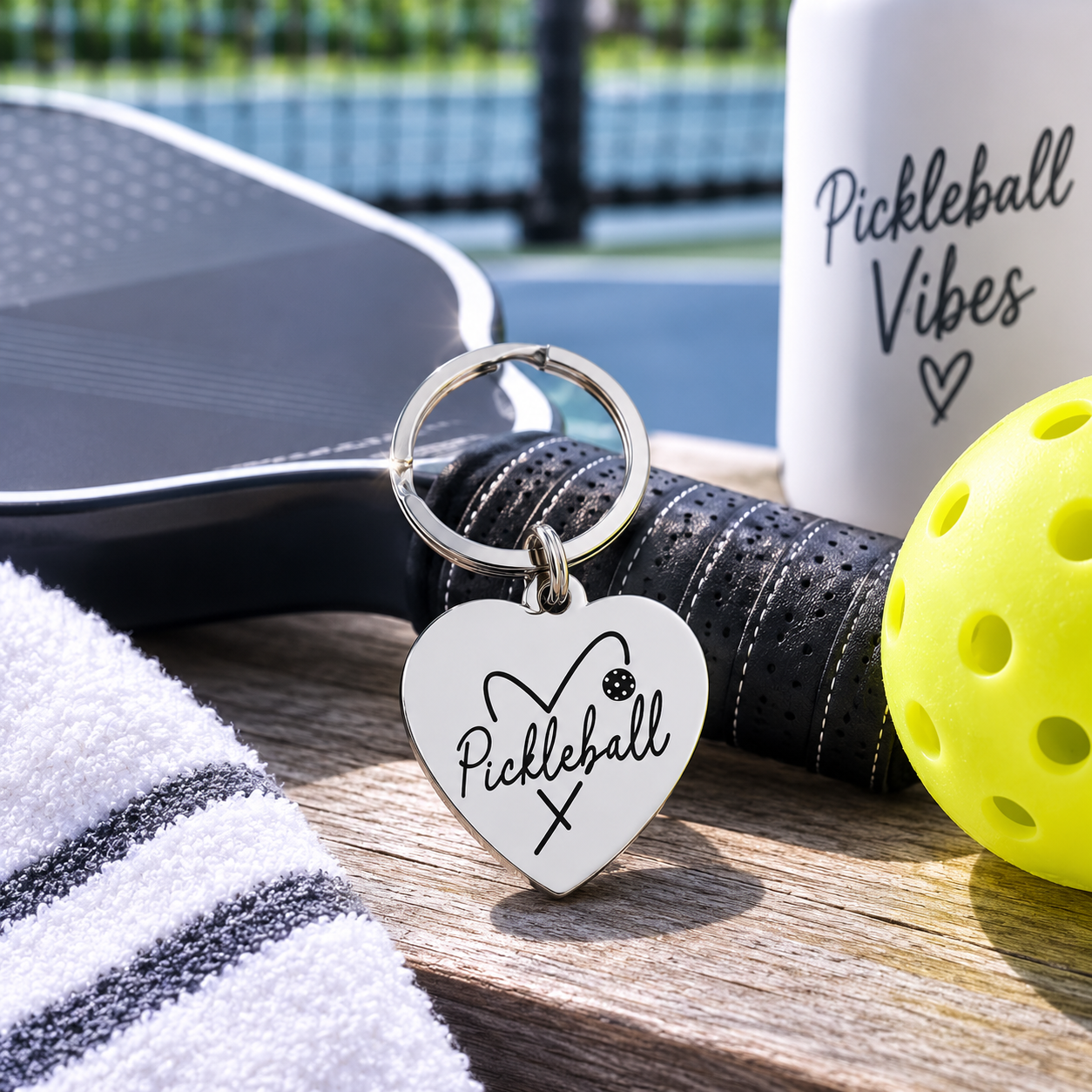 LOVE Pickleball engraved keychain displayed with paddle and ball at a pickleball court