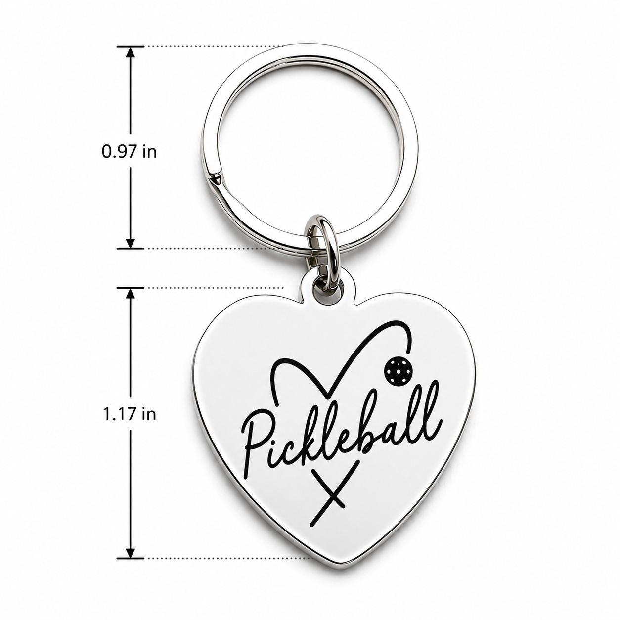 LOVE Pickleball engraved keychain dimensions showing 0.97 inch ring and 1.17 inch heart