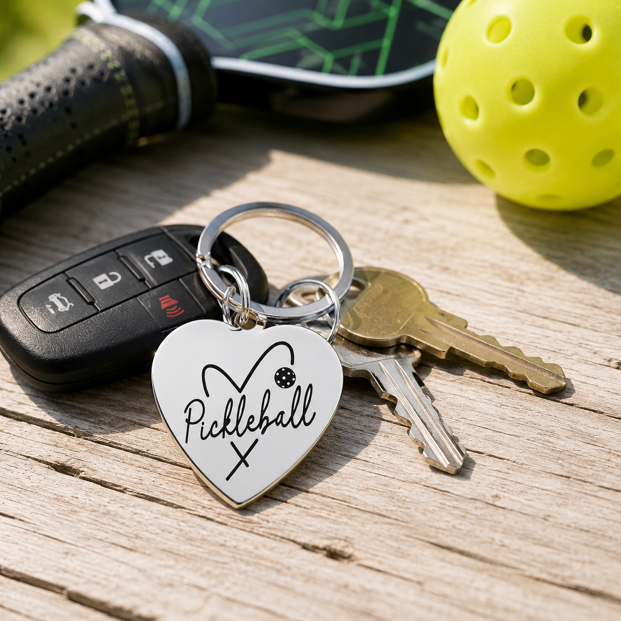LOVE Pickleball engraved keychain attached to keys beside pickleball gear