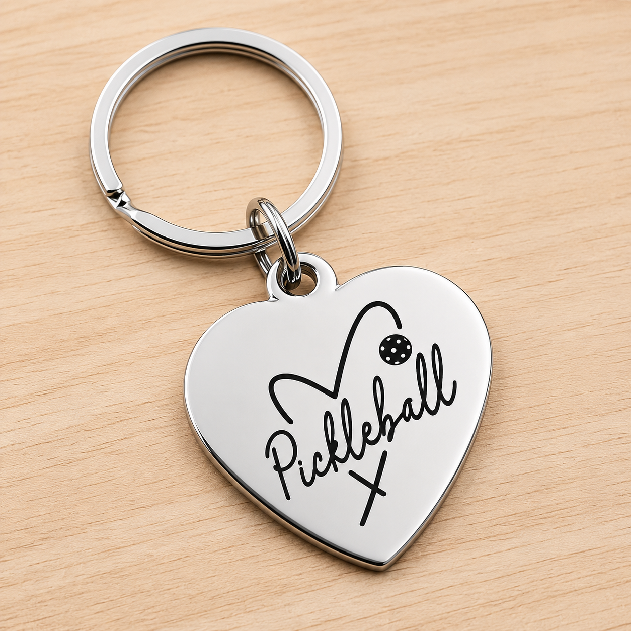 LOVE Pickleball engraved stainless-steel keychain on a light wood tabletop