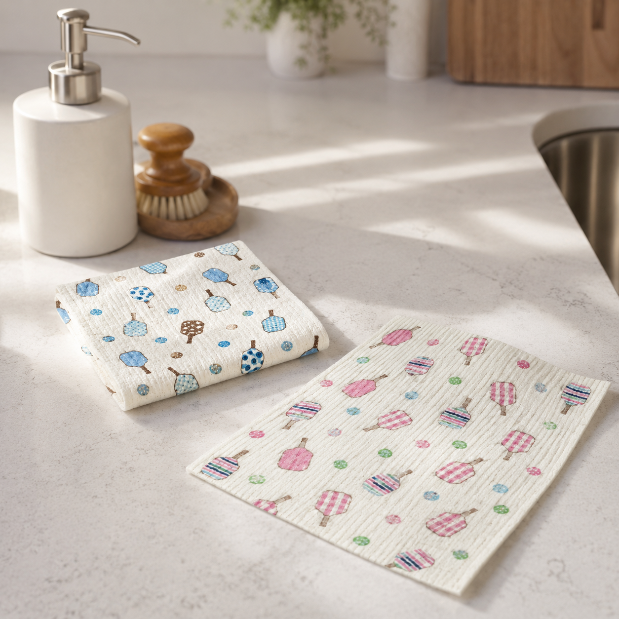 Match Point blue and pink Swedish dishcloths on a kitchen countertop