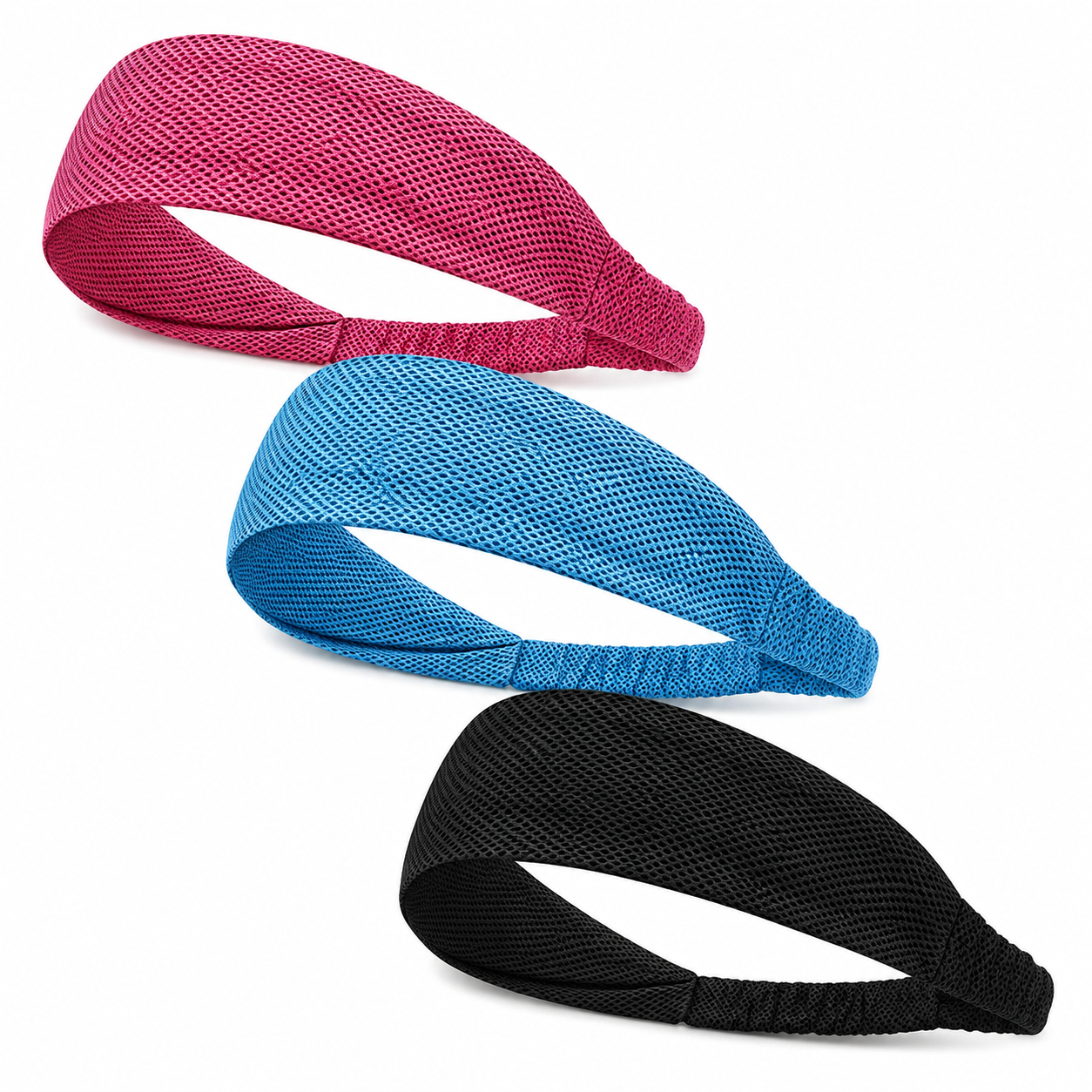 Pink, blue, and black breathable mesh pickleball headbands displayed together on a clean white background.