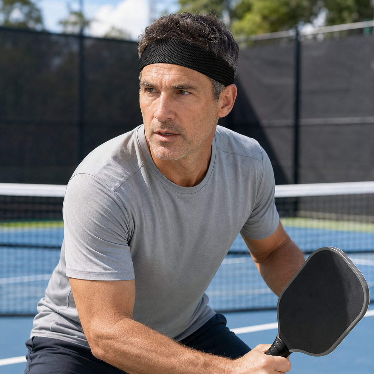 Man wearing the black breathable mesh headband in a ready stance on an outdoor pickleball court.