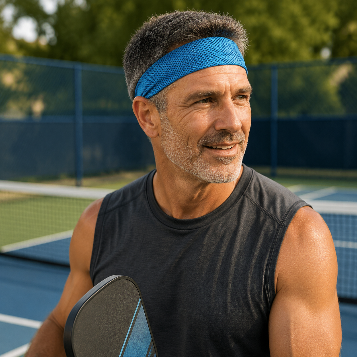 Man wearing the blue breathable mesh headband while holding a paddle at an outdoor pickleball court.
