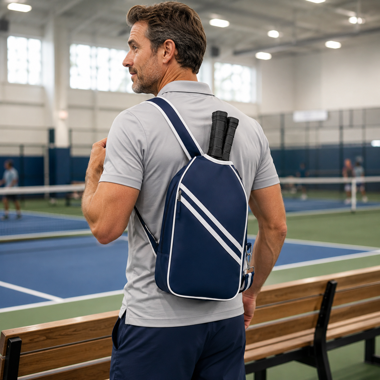 Man wearing the navy and white striped pickleball sling bag at an indoor pickleball court