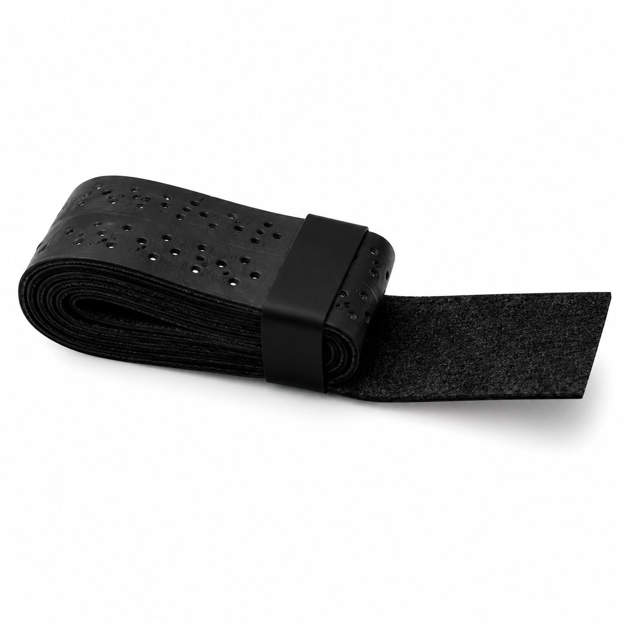 A black perforated rubber strap with a hook-and-loop fastener closure, shown rolled up on a white background.