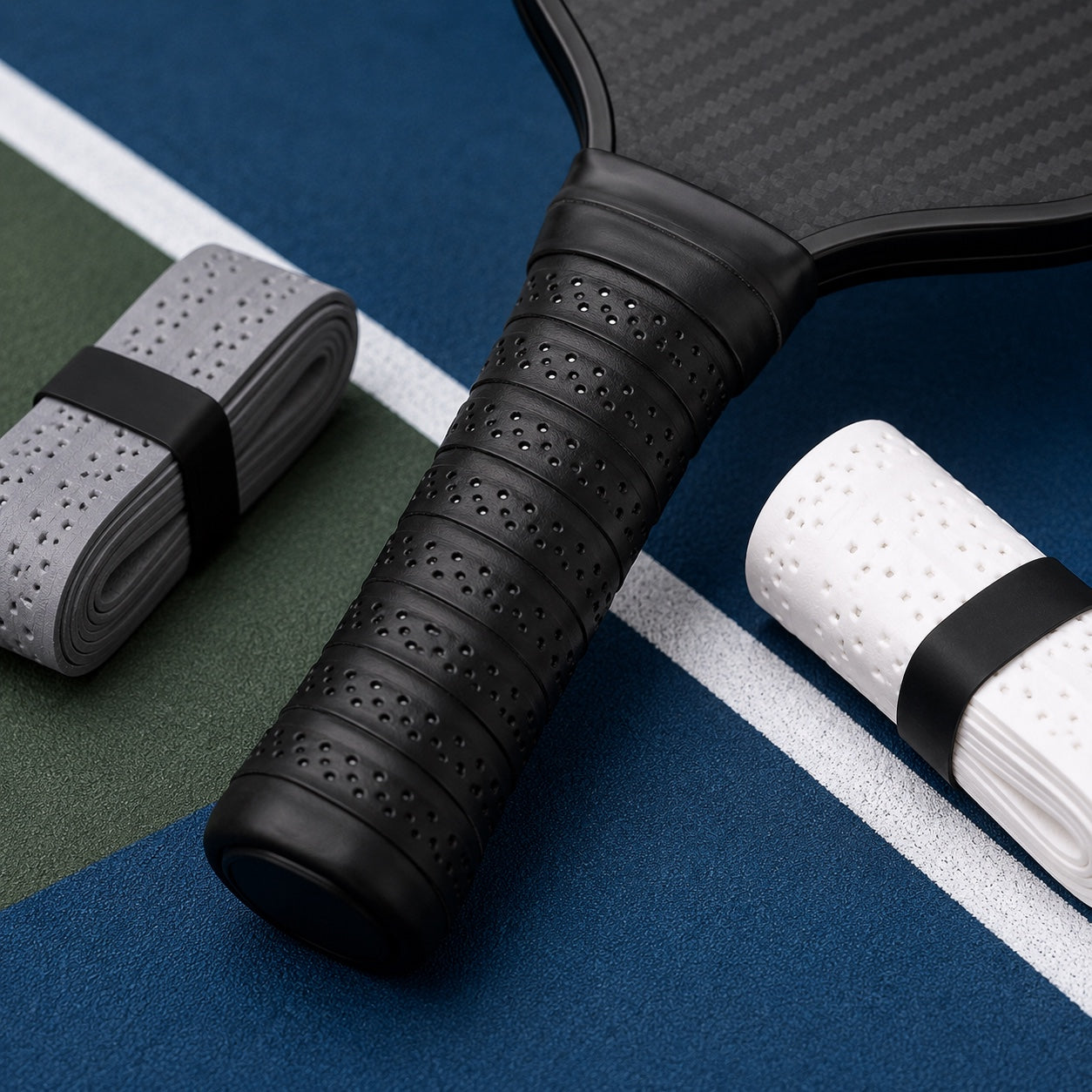 A close-up of a black pickleball paddle handle with a textured grip, shown alongside rolled gray and white pickleball nets on a blue and green court surface.