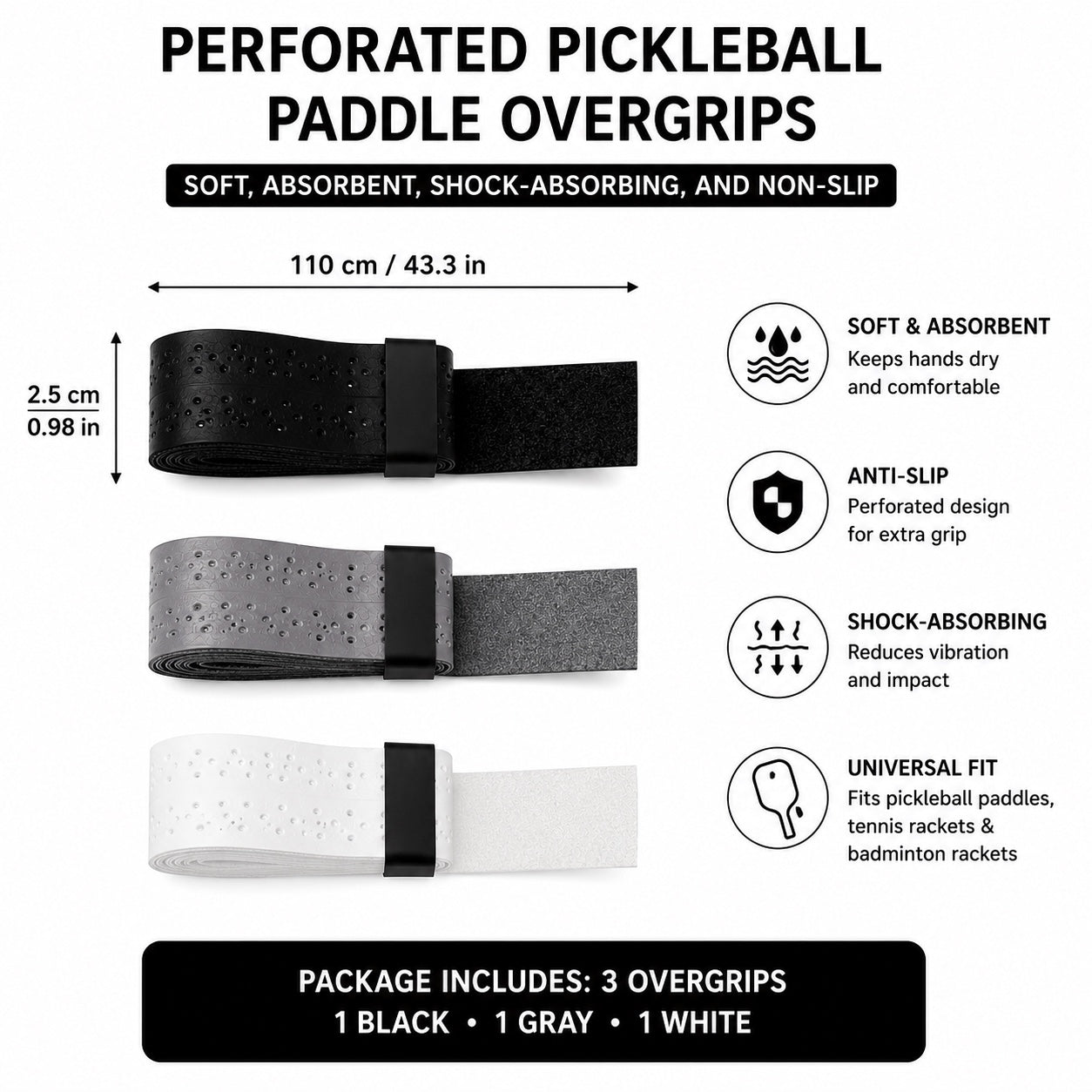 Three perforated pickleball paddle overgrips in black, gray, and white, shown with product dimensions and feature callouts on a white background.