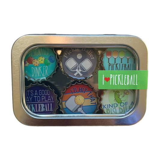 Set of six pickleball bottle cap magnets in display tin
