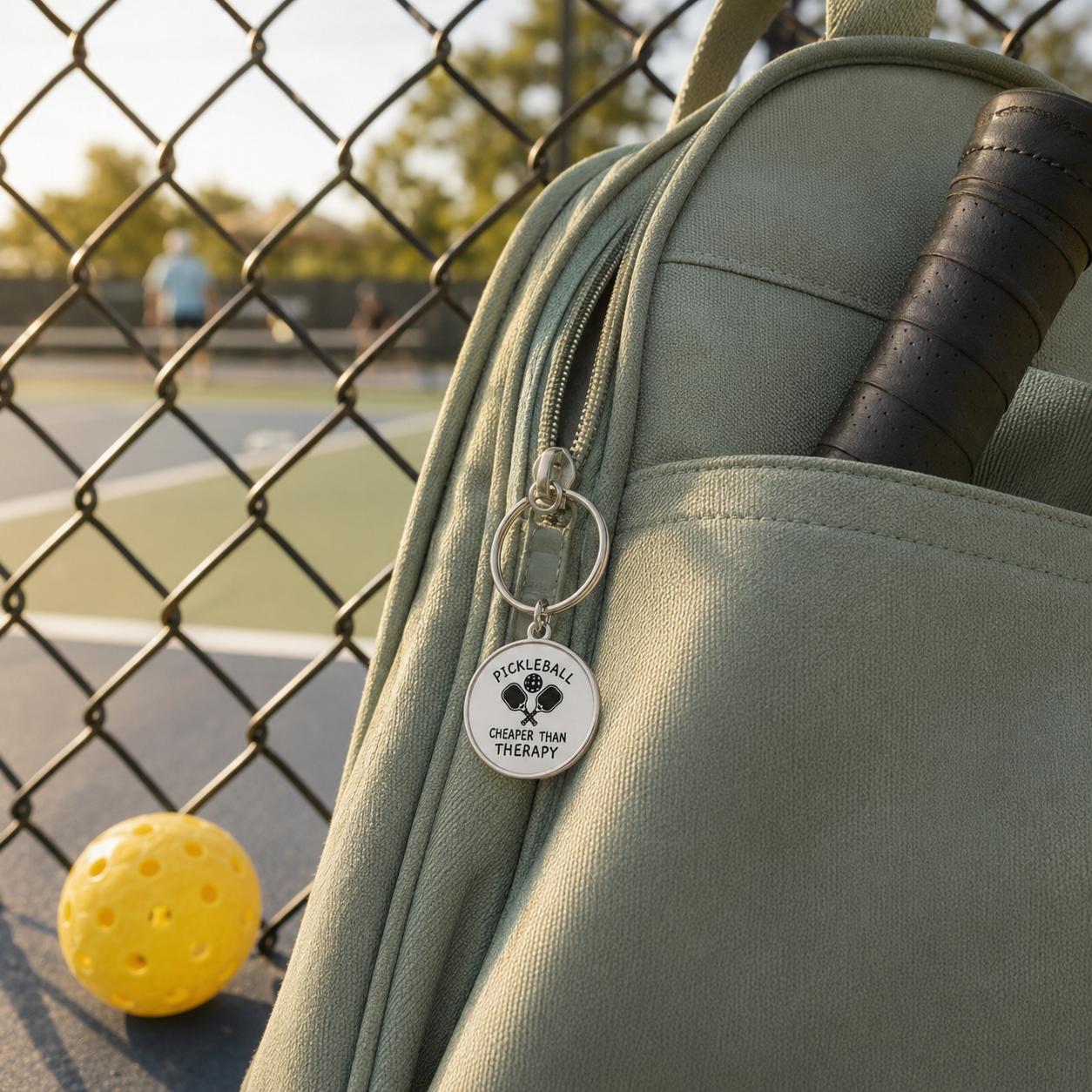 Pickleball Is Cheaper Than Therapy keychain attached to a pickleball bag at the courts