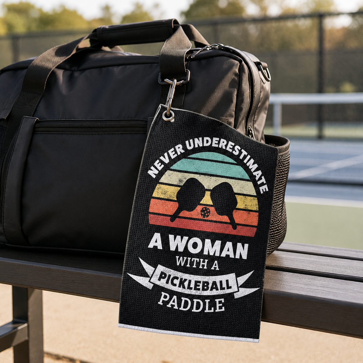 Pickleball court towel clipped to a court bag beside an outdoor court