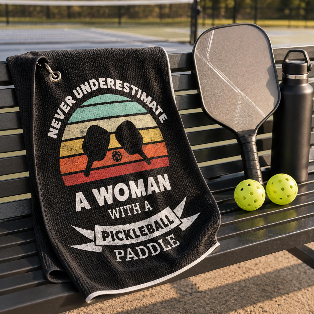 Pickleball court towel with paddle, pickleballs, and water bottle courtside