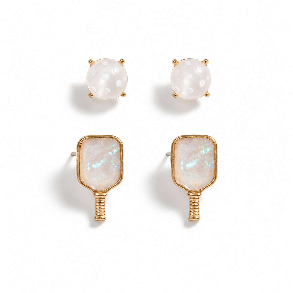 Shimmery pickleball two-pair post earring set on pure white