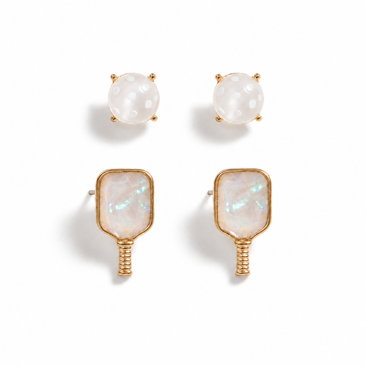 Shimmery pickleball two-pair post earring set on pure white