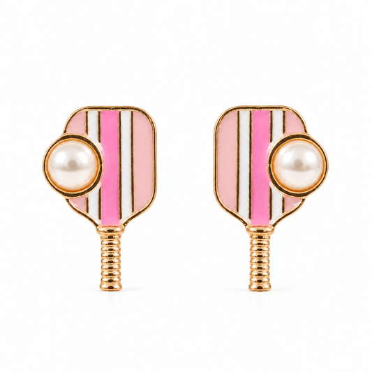 Hot pink pickleball enamel and pearl post earrings on pure white