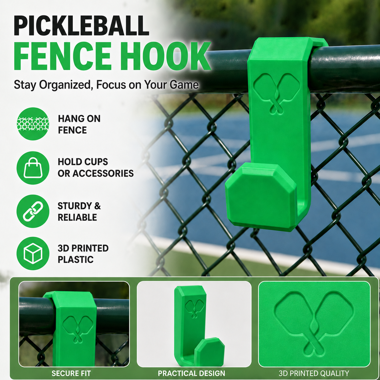 Pickleball fence hook features with secure fit, practical design, and 3D-printed construction