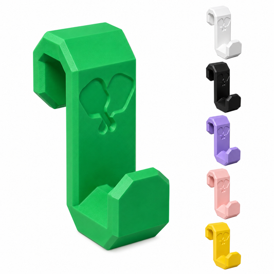 Green, white, black, purple, pink, and yellow pickleball fence hooks on a white background