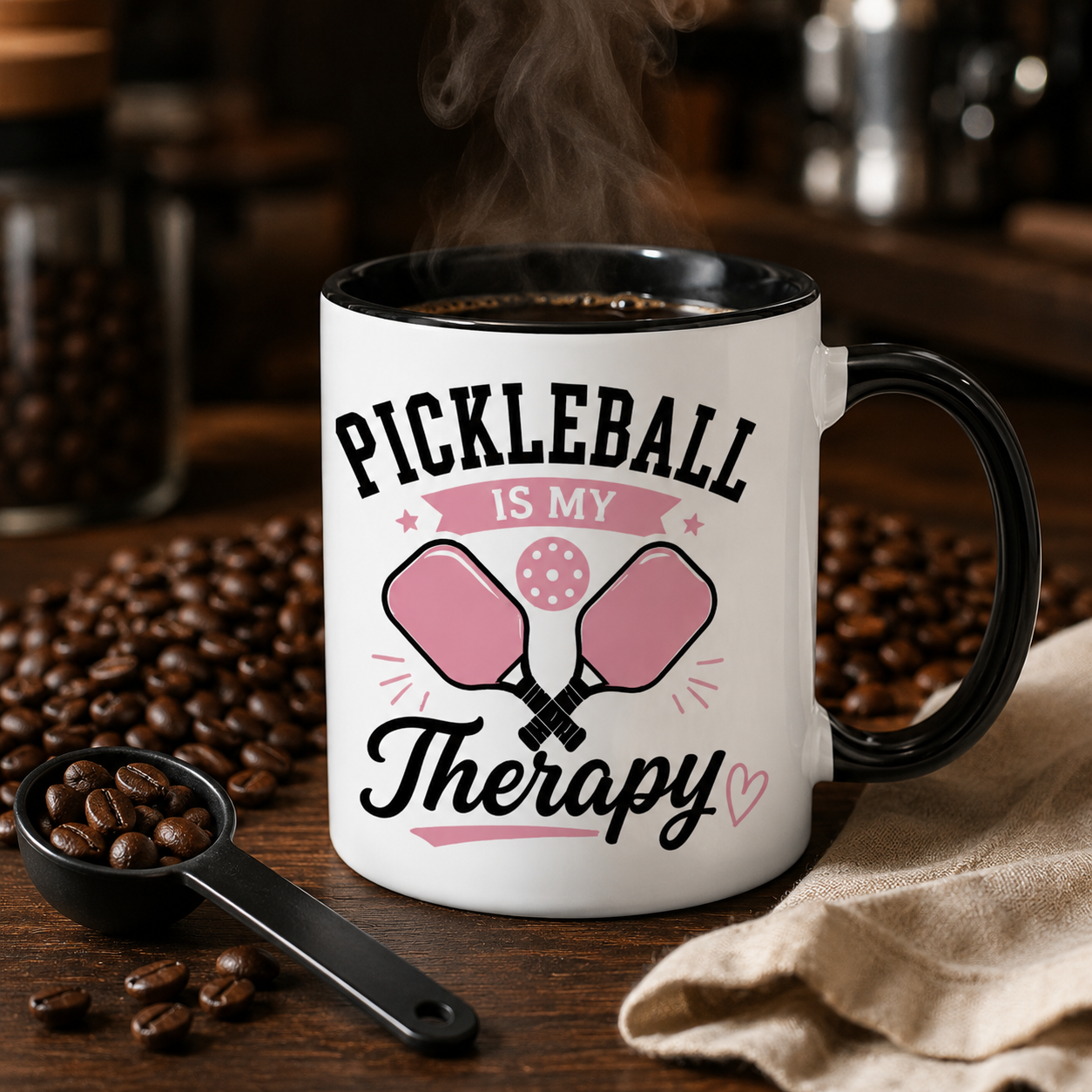 Pickleball Is My Therapy mug with fresh coffee in a premium coffee-bean setting