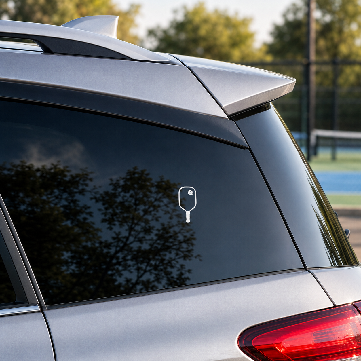 White pickleball paddle car decal on silver crossover near pickleball courts