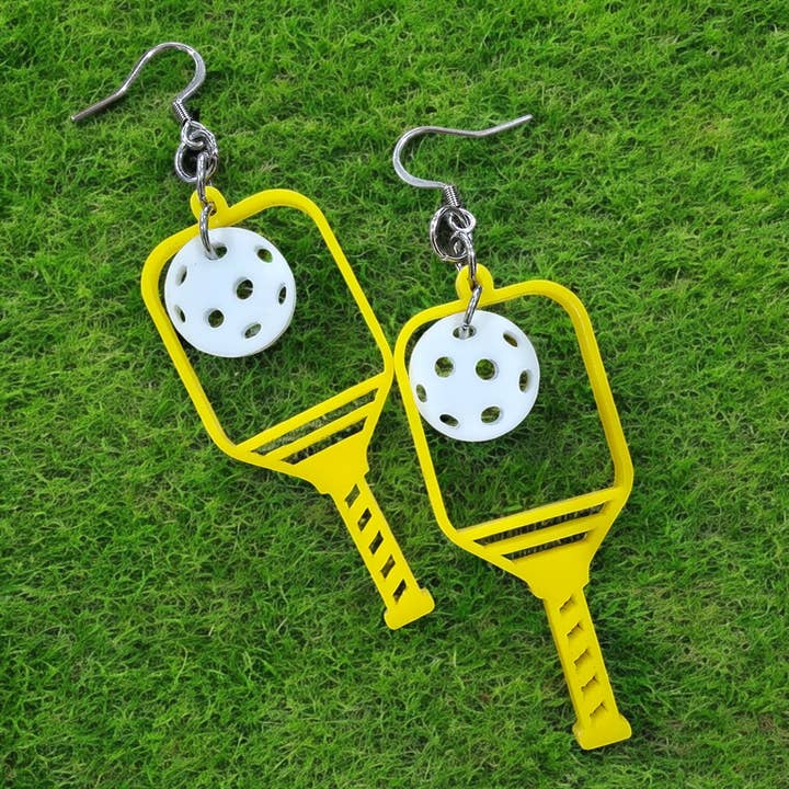 Pickleball paddle dangle earrings in turquoise, yellow, and lime green