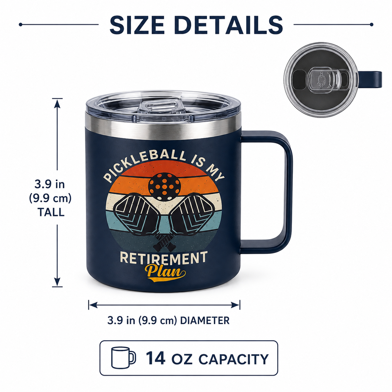Pickleball retirement tumbler dimensions showing 14-ounce capacity and 3.9-inch body