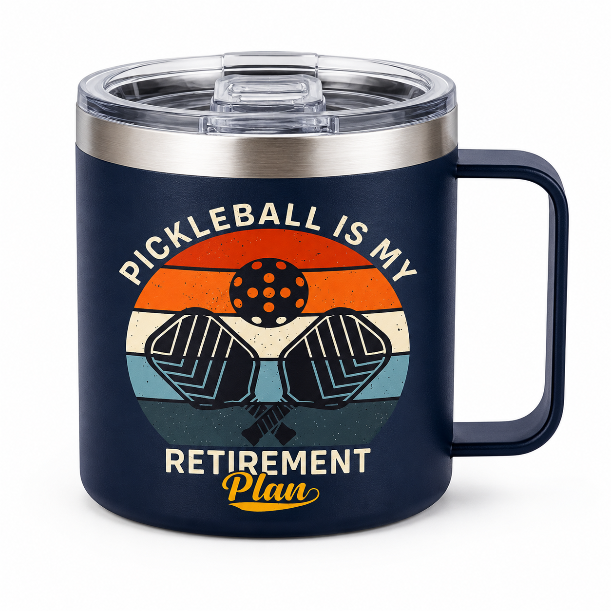Pickleball Is My Retirement Plan 14-ounce navy insulated tumbler with clear lid on white