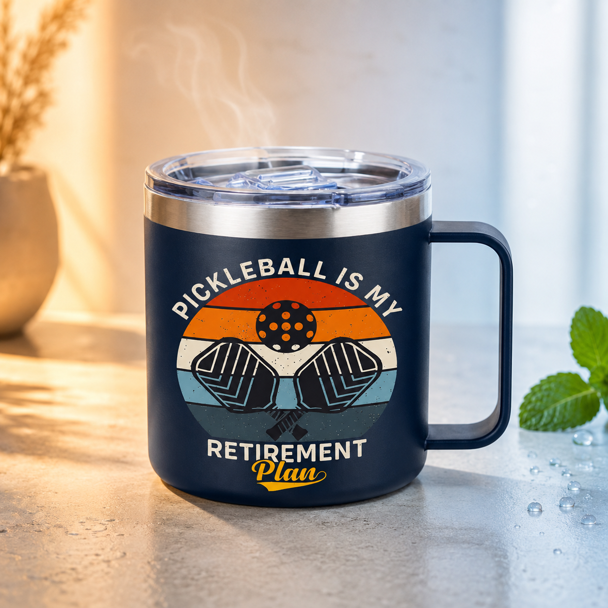 Pickleball retirement tumbler shown in a premium warm-and-cold drink setting