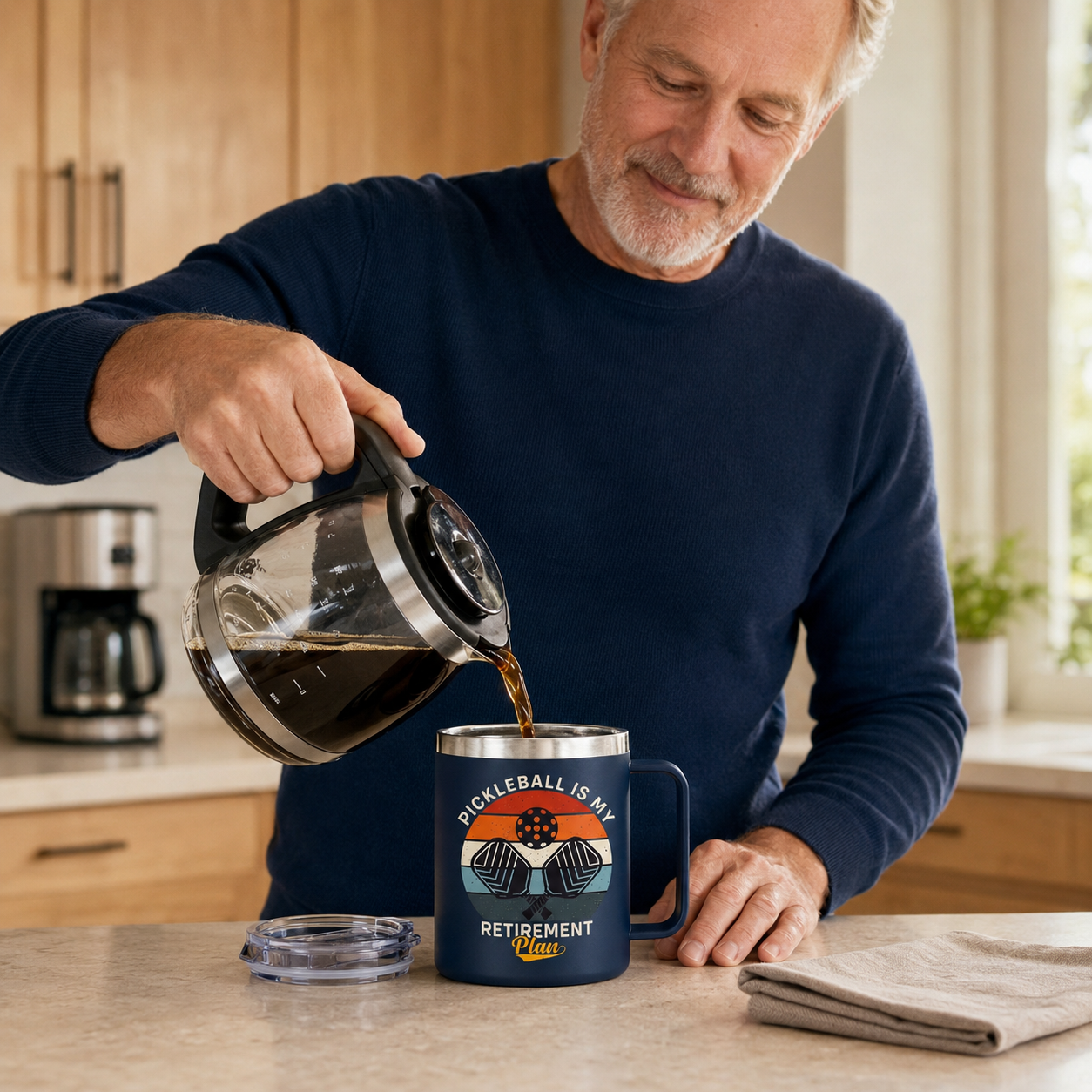 Retired man pouring coffee into a Pickleball Is My Retirement Plan insulated tumbler