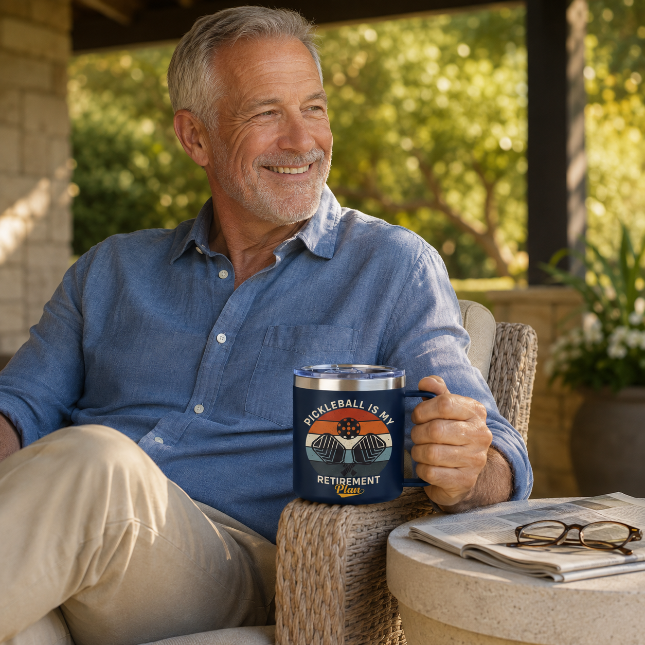 Retired man enjoying a Pickleball Is My Retirement Plan tumbler on a sunny patio
