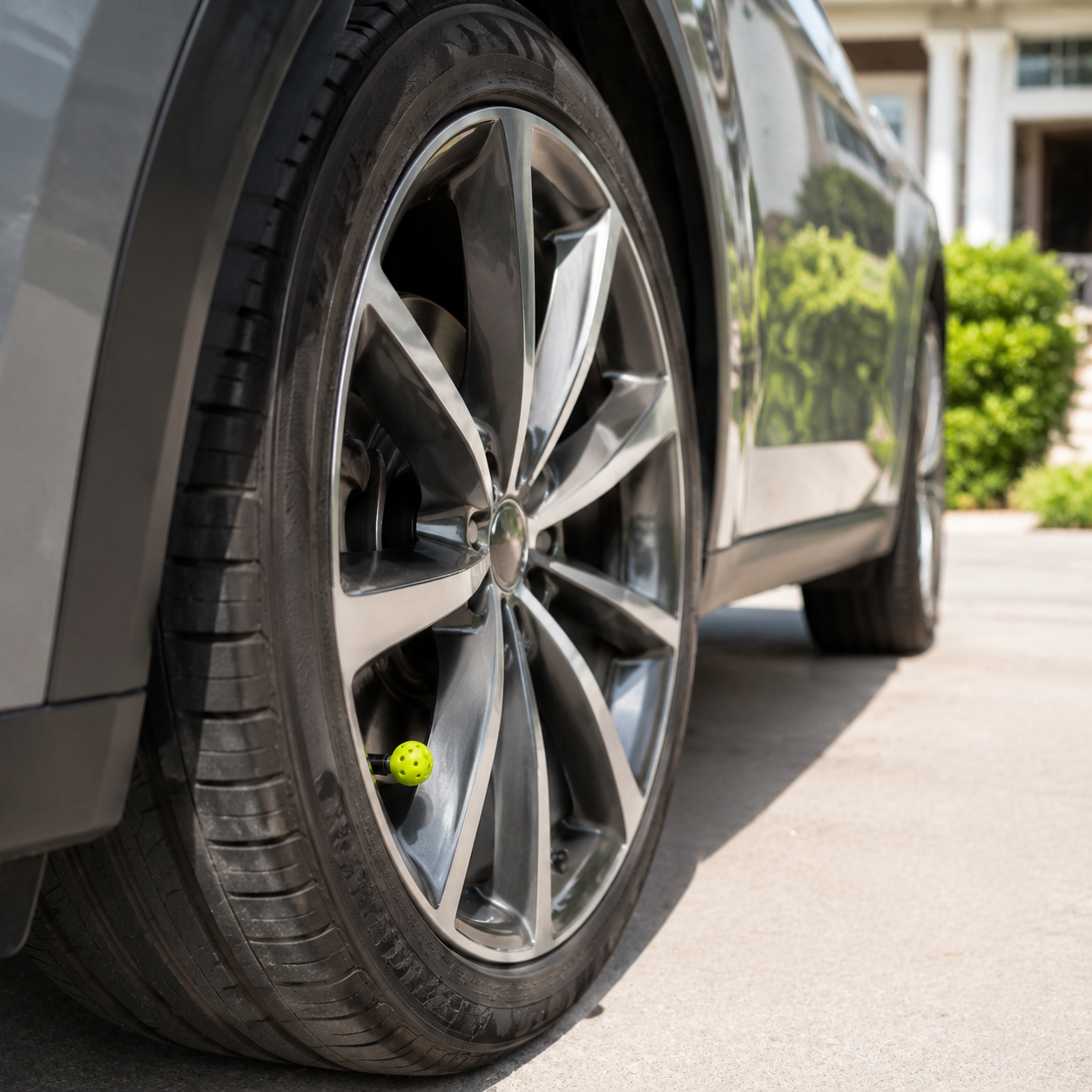 Green pickleball tire valve cap installed on a parked car wheel in a sunny driveway