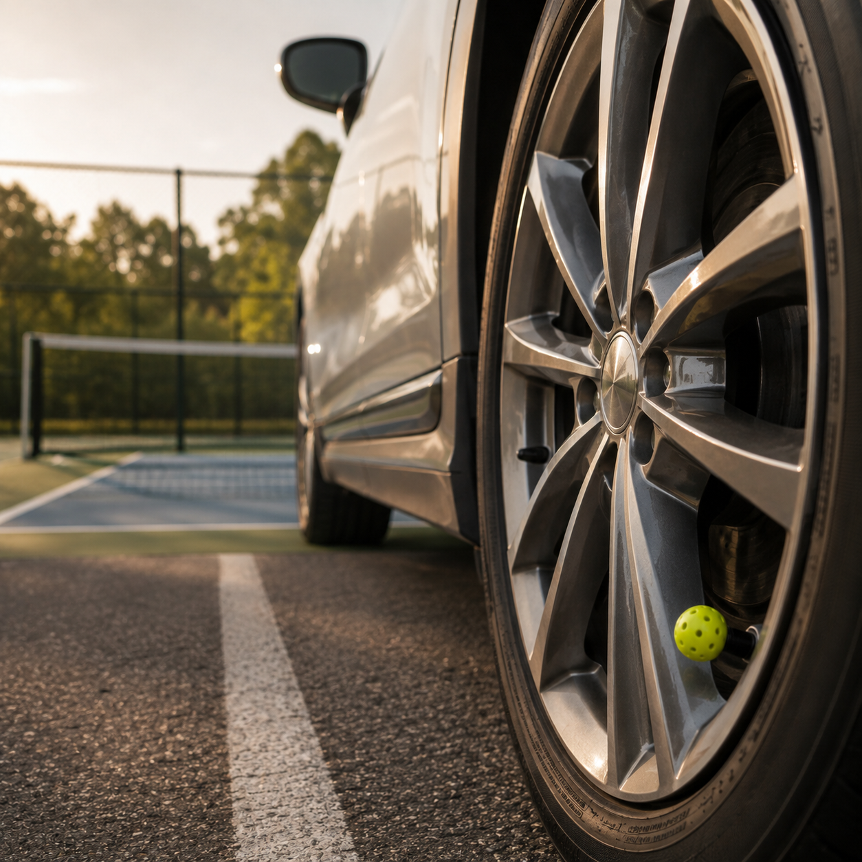 Pickleball tire valve cap installed on a car wheel beside outdoor pickleball courts