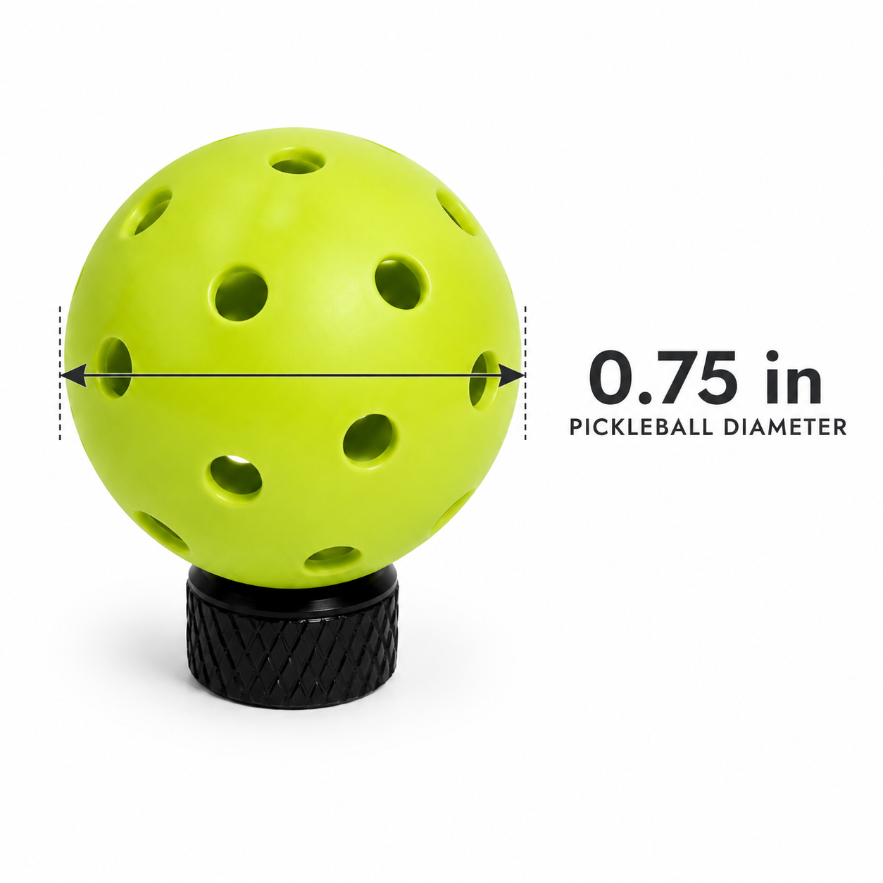 Pickleball tire valve cap dimensions showing a 0.75 inch pickleball diameter