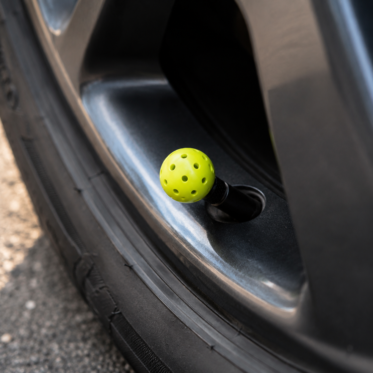 Close-up of a green pickleball tire valve cap installed on a car wheel